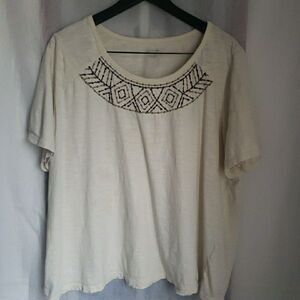 Catherines Women's Size 2X Ivory Embroidered Short Sleeve Top Blouse Cotton FLAW